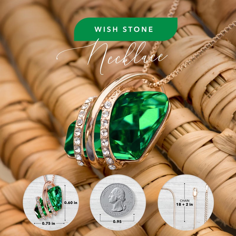 Leafael Wish Stone Pendant Necklace with Green Birthstone Crystal for May, 18K Rose Gold Plated, 18" + 2" Chain - Image 3